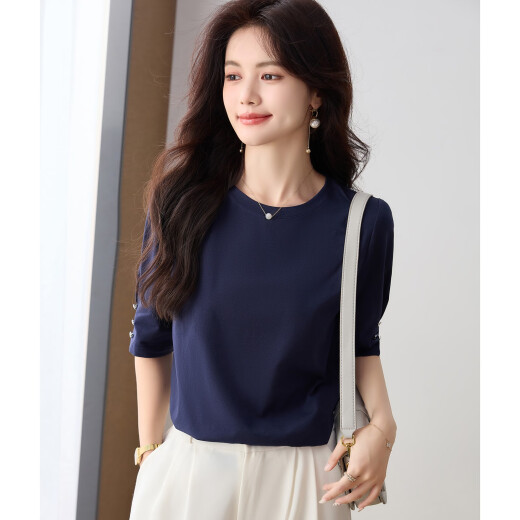 Egger round neck five-quarter sleeve T-shirt women's casual button design mid-sleeve top 2024 summer new fashion Korean version versatile picture color S