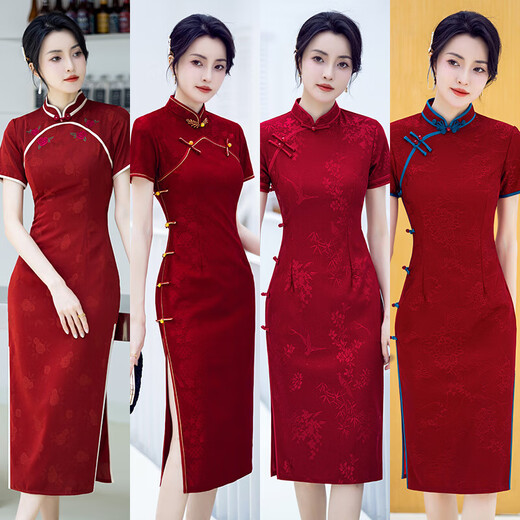 Jie Yintong Spring and Summer Wedding Clothing Mother-in-law Wearing Cheongsam Red Cheongsam 2025 Summer New Chinese Style Small Body Low Neck 683 S