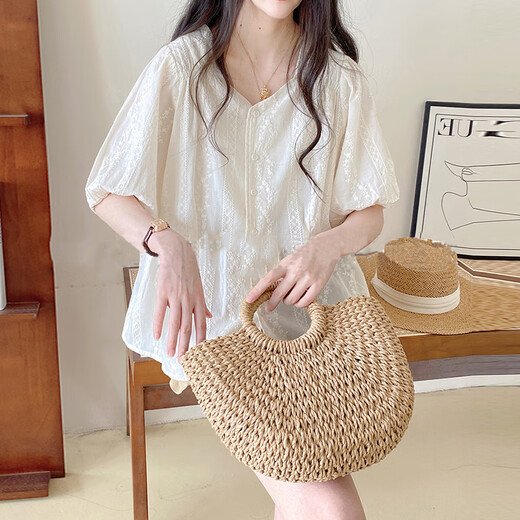 Ranqi's maternity suit summer suit new sweet V-neck lantern sleeve doll shirt top wearing casual shorts two-piece set apricot top + khaki belly shorts (suit) L