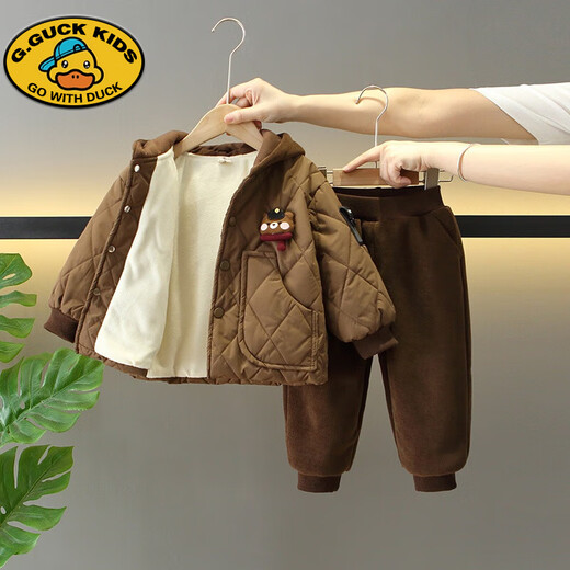 G.DUCKKIDS Boys Autumn and Winter Clothing Set 2025 New Children's Plush Cotton Jacket Baby Winter Thickened Cotton Jacket Two-piece Set Brown 120 cm