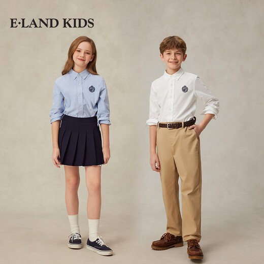 E LAND KIDS 100% cotton Eland boys and girls shirt summer college style badge embroidery pure cotton long sleeve Blue blue/50 120 cm