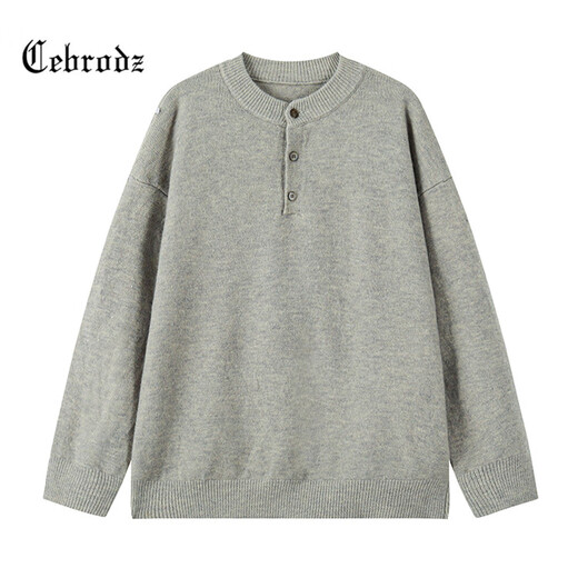 Cebrodz French sweater men's autumn and winter new Henry collar bottoming shirt old money style long-sleeved pullover loose casual clothes light gray L