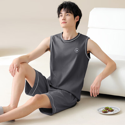 睡衣男夏季纯棉无袖背心夏天青少年大码男士薄款休闲家居服套装 YDY13657 L 码（推荐100-120斤）