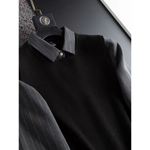 
Aseblarm light luxury autumn and winter thick warm business casual shirt collar fake two-piece sweater men slim pullover knit sweater men black M