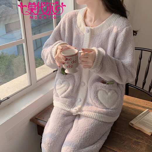 莫代尔珊瑚绒睡衣女秋冬季加绒加厚开衫套装甜美可爱法兰绒可外穿家居服 3882-郁金香 M