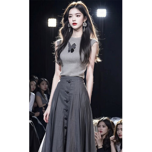 欧迪惠（Oudihui）2025年新款名媛法式连衣裙女装夏季小洋装无袖上衣半身裙子女套装 灰色套装 M