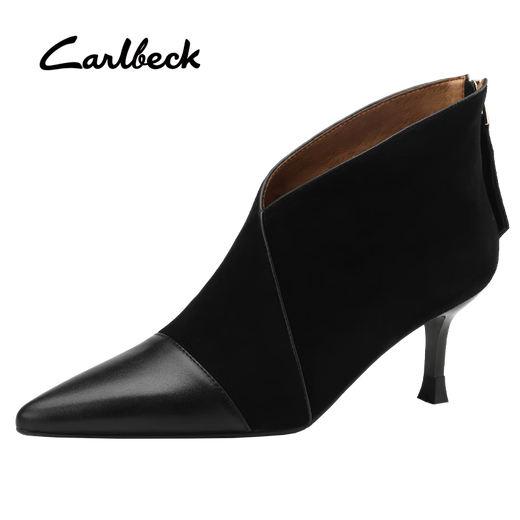 Carl Beck Brand French Small Ankle Boots Women's Stiletto 2023 Autumn and Winter New Women's Shoes Sheepskin Pointed Toe High Heels Boots Women's Short Boots Black 37 Plus Velvet