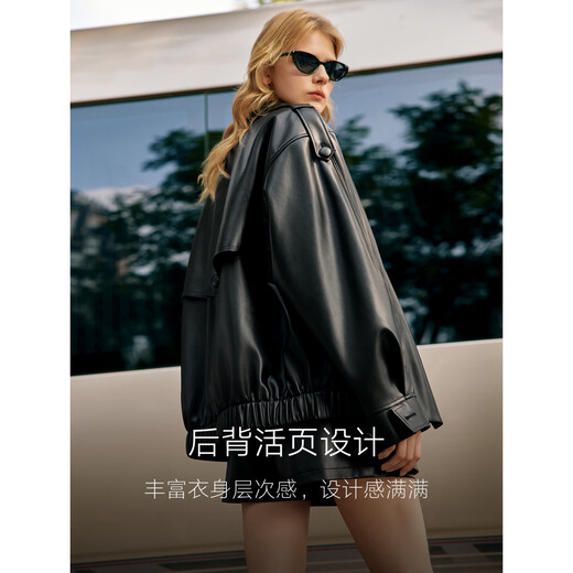 ELLE Black Black haut de gamme en cuir en cuir à col en vrac haut de gamme pour les femmes 2024 Nouvelle veste supérieure de niche de style moto d'hiver noir L