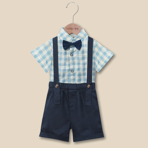 GOKU男宝宝周岁礼服夏背带裤新款婴幼儿生日一岁抓周小西装儿童演出服 蓝格子 80（建议体重16-19斤）