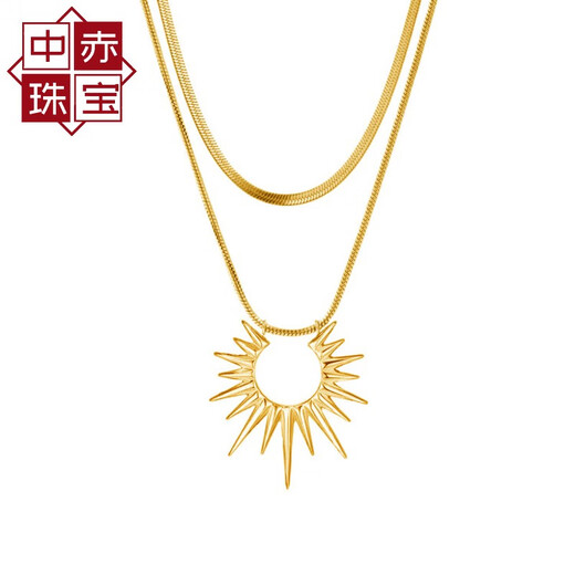 Medium Red Sun Pendant Titanium Steel Double Layer Necklace Women's Light Luxury Niche Sports Accessory 18k Gold Stacked Clavicle Chain Golden Sun Double Layer Snake Bone Chain