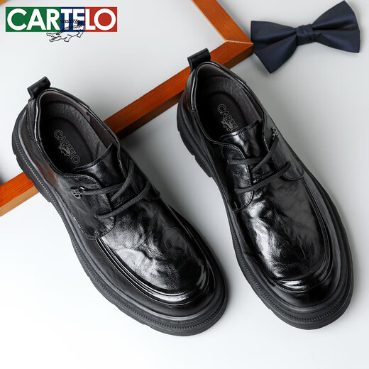 CARTELO men's leather shoes thick-soled hand-scratch pattern anti-wrinkle business casual shoes cowhide breathable lace-up leather shoes men 9946 black 42