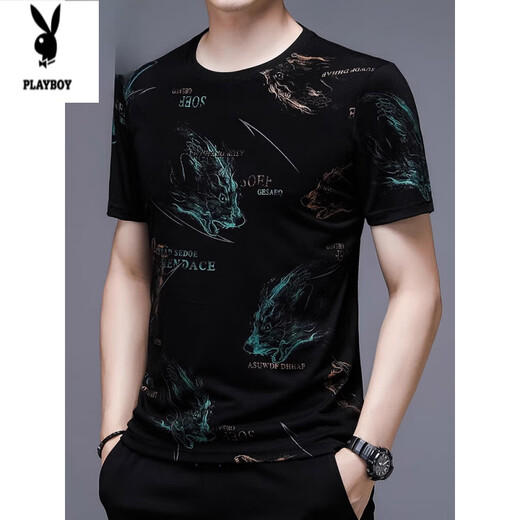 花花公子（PLAYBOY）桑蚕丝棉短袖t恤男士2025年夏季新款休闲潮流男装百搭冰感体恤 13807#蓝色 冰丝短袖T恤 M 165 100-115斤