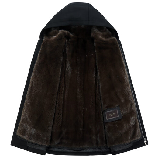 Caniti 100% cashmere hooded parka with imported mink lining, men's Nick mink coat, thick winter coat, black + imported mink lining + mink sleeve lining 4XL