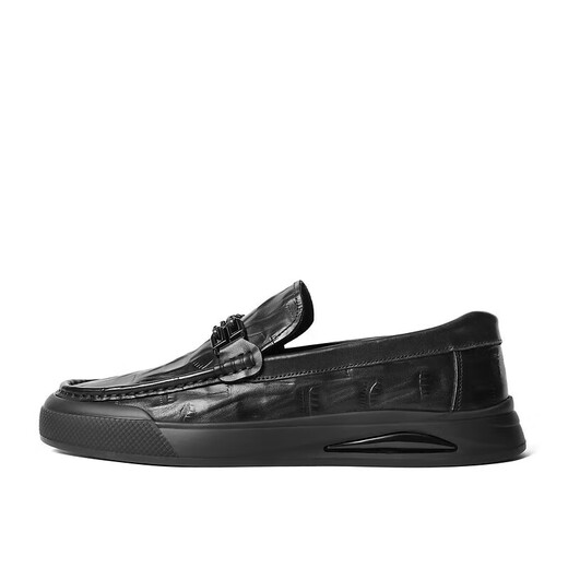 Belle Casual Shoes Men's Cow Leather Plaid Slip-On Shoes A1368AM4 Black 41