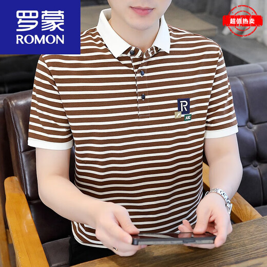 罗蒙（ROMON）polo.衫男士翻领短袖t恤条纹夏季2025新款男装半袖体恤T 黑色ZMNTB653圆*领 3XL 建议150-165斤