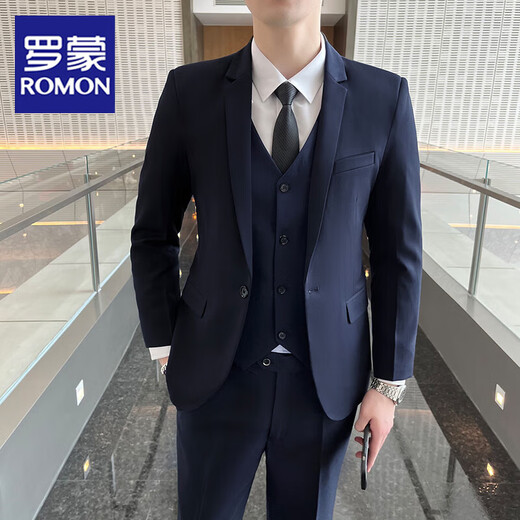Romon suit men's Korean style slim coat groom wedding dress business formal casual small suit men black two-button suit XL