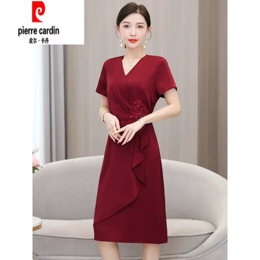 皮尔卡丹国庆结婚喜婆婆婚宴装连衣裙平时可穿小个子婚礼礼服高贵年轻 红色 【6197款原版质量】 2XL 【建议120-130斤】