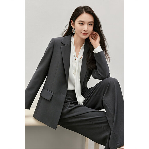 Shandubila 2025 Spring and Autumn Blazer Feminine Commuting One-Button Metal Label Fake Pocket Suit Dark Gray S