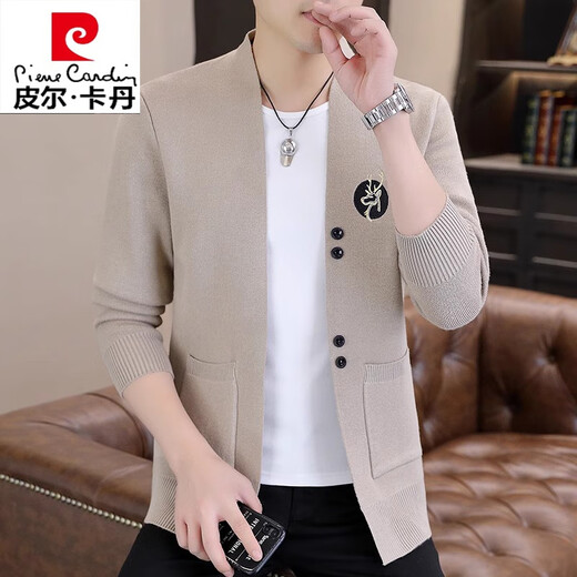 皮尔卡丹（pierre cardin）羊毛针织衫男士外套春秋季高档潮牌刺绣修身薄款毛衣男外搭上衣 6818卡其色【针织开衫】 XL