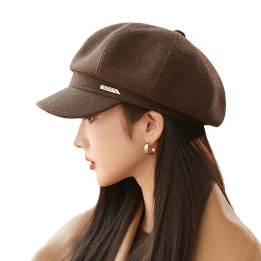 Jimmy Leaf Hat Women's Autumn and Winter New Style Elegant Thickened Woolen Octagonal Hat Korean Style Light Luxury Simple Beret Black One Size M (56-58cm)