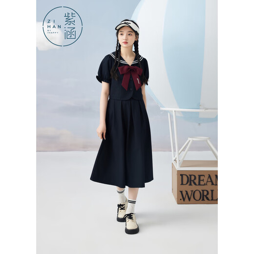 Zihan (ZIHAN) Zihan college style navy collar top skirt suit women's summer sweet mid-length skirt two-piece set black navy XS