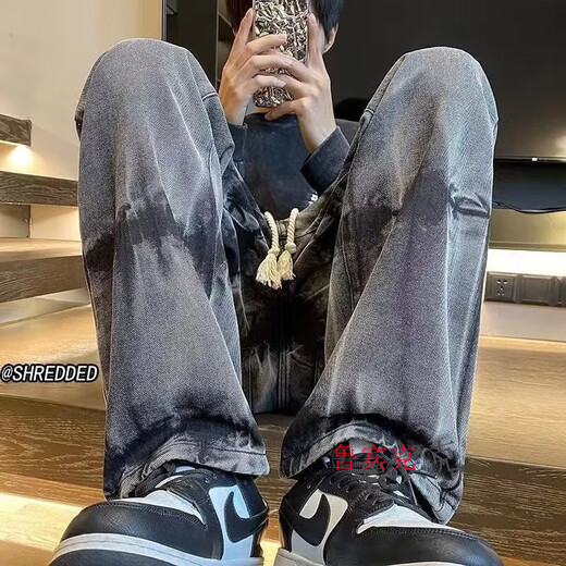 鲁宾克美式复古牛仔裤男春秋季直筒宽松高街阔腿长裤潮牌痞帅hiphop裤子 YC-7170黑色 L