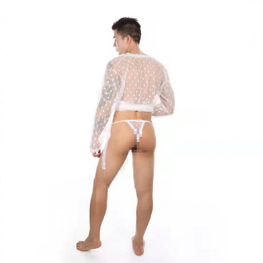 Sexy underwear men's underwear thong sexy sexy lace bathrobe long transparent slit XL g094 black nightgown + underwear