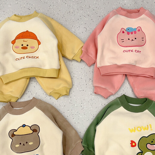 嘟嘟家宝宝两件套加绒女童拜年服冬男童卫衣套装婴幼儿新年童装潮 黄色 80