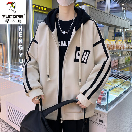 啄木鸟（TUCANO）连帽卫衣开衫外套男春秋季棒球夹克服2024新款青少年潮牌港风美式 10123-9207黑色 M 建议75斤以内