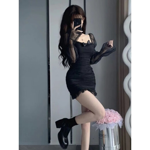 忆静萱（YIJINGXUAN）纯欲性感网纱拼接连衣裙女春秋辣妹修身裙子收腰显瘦长袖包臀夜店 黑色 046# M 【建议100斤左右穿】