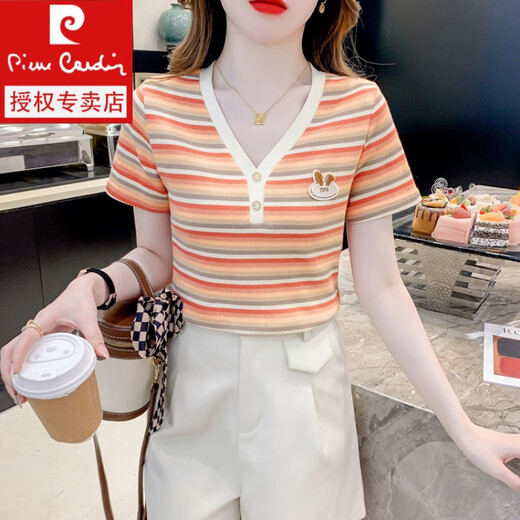 Pierre Cardin Color Striped V-Ausschnitt T-Shirt für Frauen kurzärmelig 2024 Sommer neues schlankes Hemd modische und vielseitige altersreduzierende obere orangefarbene Farbstreifen [6628%23] M 90-100jin [Jin gleich 0,5 kg]