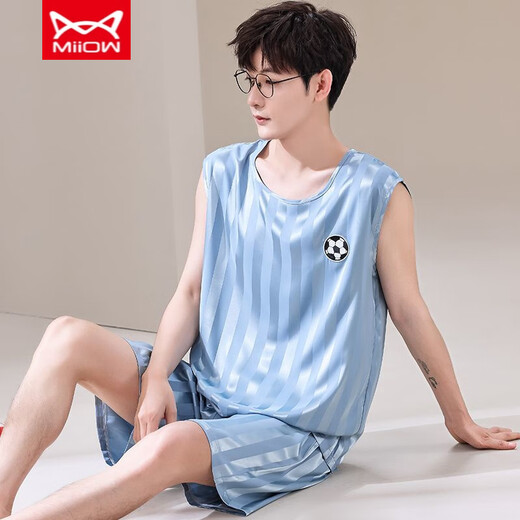 Catman Miiow Summer Ice Seide Pyjamas für Jugendliche dünne extra große Größe Herrenweste ärmellose Shorts Home Clothing Set 9901 Ice Seide M Herrenmodell 80-Jin [Jin entspricht 0,5 kg]