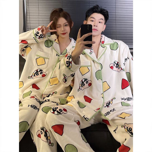 Full bundle of Crayon Shin-chan coral velvet autumn and winter pajamas for women, plus velvet and thickened home clothes, couple flannel men's suit, plush #M10# couple cardigan Crayon Shin-chan 2XL male size (weight 140-160Jin Jin is equal to 0.5 kg)