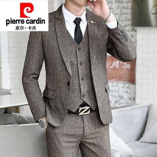 Pierre Cardin Young Men's Suit Korean Style Slim Men's Casual Three-piece Groomsmen and Grooms Wedding Dress Suit Brown Three-piece Suit (Top Pants Shirt) with XL 31120-135Jin Jin is equal to 0.5 kg