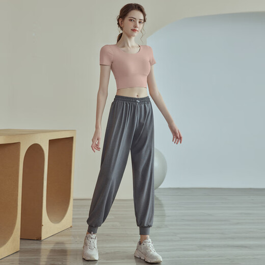 佑游瑜伽服女士带胸垫运动普拉提短袖上衣发带二件套J32030DY浅粉 M