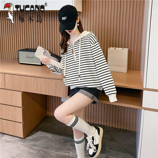啄木鸟条纹卫衣女连帽2024秋季新款韩版大码宽松设计感减龄百搭长袖上衣 图片色 6625 M 80-105斤