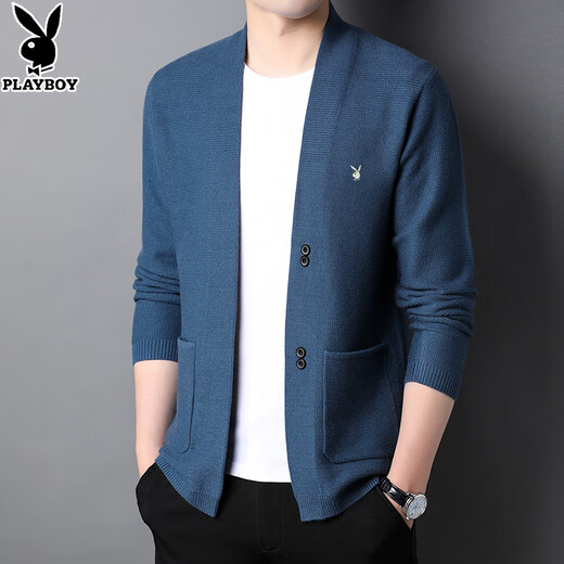 花花公子（PLAYBOY）长袖开衫男装春季新款复古外套男针织毛衣秋冬韩版羊毛开衫男线衣 黑色 180/XXL