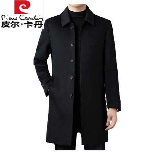 皮尔卡丹（pierre cardin）秋冬新款男装中长款羊毛呢大衣秋冬加厚羊毛外套男士翻领风衣 11521黑色 185/2XL