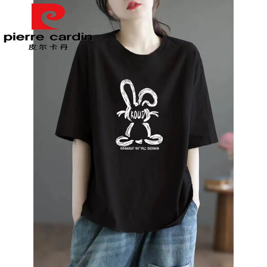 Pier Cardin 100 pure cotton short-sleeved T-shirt for women high-end versatile and fashionable daily style loose large size slimming half-sleeved top 983# navy blue [100% cotton] popular this year S [recommended 80-100Jin [Jin equals 0.5 kg]]