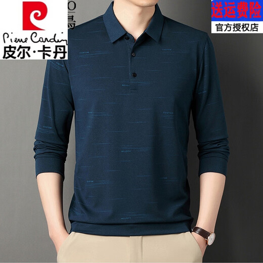Pierre Cardin high-end brand pure cotton T-shirt men's long-sleeved 2025 new middle-aged casual lapel thin dad T-shirt 829 navy 2XL 180