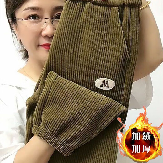 可奈欣（KENAIXIN）灯草绒女裤灯心绒裤女加绒不加绒灯捡漏加绒加厚灯芯绒裤子女秋 9196-芥末绿色(款) 加绒 4XL