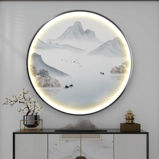 山头林村新中式圆形装饰画客厅玄关灯画山水画茶室禅意挂画水墨画风景壁画 724 直径50cm