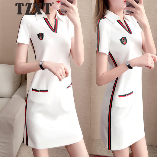 Tzxt Turning Brand Light Luxury Casual Sports Vestido de manga corta para mujeres Summer sueltos Nuevos delgados de cuello de polo delgado Falda de camiseta recta 1595 Black M Recomendado 95-105Jin [Jin iguala 0.5 kg]