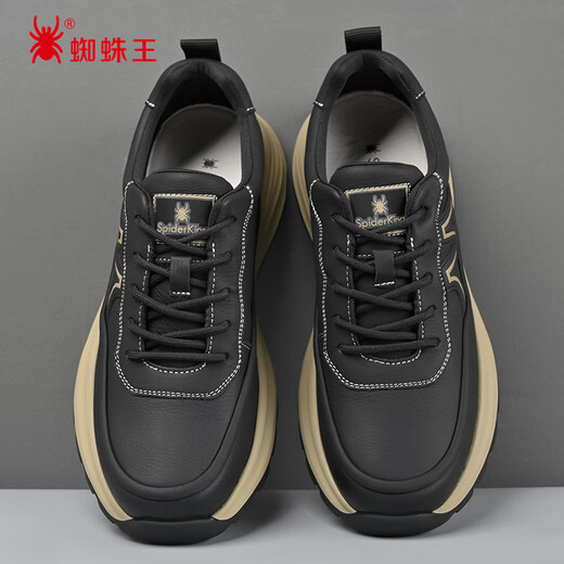 SPIDERKING Casual Shoes Men's Spring and Autumn Thick-soled Business Casual Sports Leather Shoes Breathable, Comfortable and Versatile Black 40