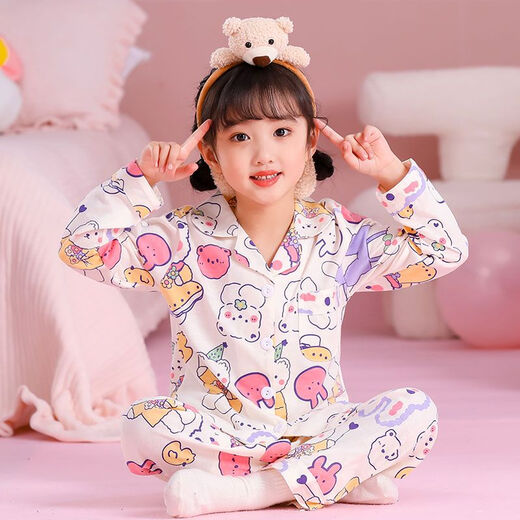 Wei Jie Stand Collar Pajamas de manga larga Versión coreana para niños Pajamas para niños Spring y otoño de manga larga Summer Girl Princess 6629-strawberry Bear [Algodón] 100/6 Tamaño [Altura 90-100]
