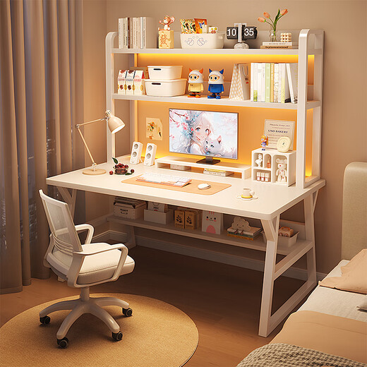 Humanity Chengjia Solid Wood Computer Desk Desktop Bedroom Office Desk Bookshelf Integrated Multi-layer Table E-Sports Game Learning Writing Desk Milk White 120*60cm Upgraded Thickened Solid Wood Ecological Board Single Table