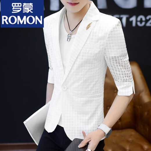 罗蒙（ROMON）镂空夏季西装防晒服薄款七分袖社会小伙精神外套韩版潮流男士透气 小格子白+短白T恤 175/88A (115-135斤)