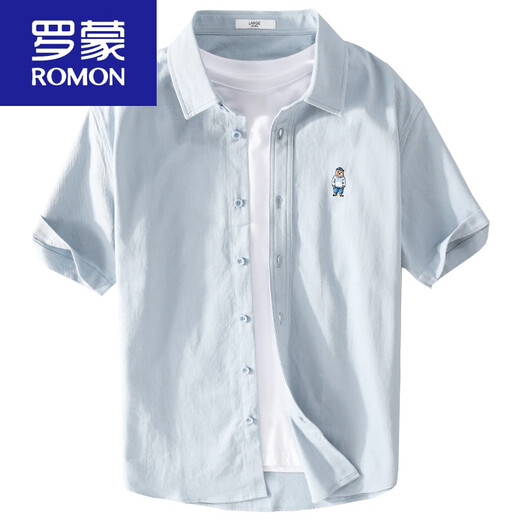罗蒙（ROMON）男士短袖衬衫日系卡通刺绣休闲上衣夏季薄款休闲半袖衬衣 9737款白色 XL 130斤左右