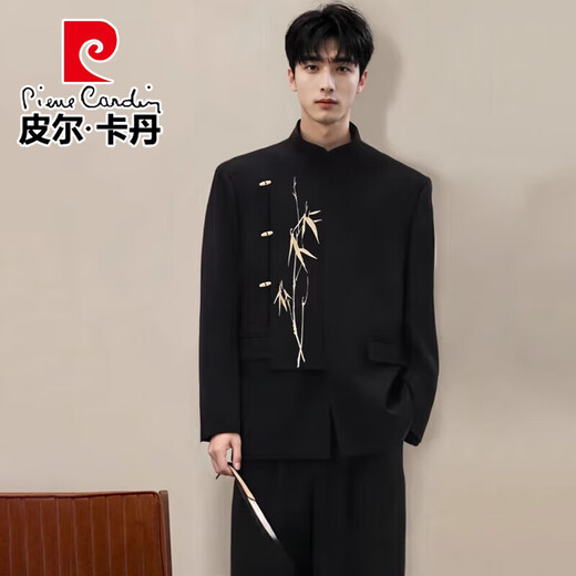 Pierre Cardin New Chinese Style Light Luxurious Bamboo Embroidered Suit Suit Men's Handsome Groom Wedding Engagement Dress Suit Knitted Black Two-piece Set Top + Pants M