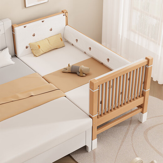 
Qiuying liftable beech wood splicing bed solid wood children's bed crib widened splicing large bed children's bed side splicing bed three-side side lift 5cm mattress + 7A antibacterial pure cotton bed circumference can lift length 200 wide 80 high 35 [60 guardrail]